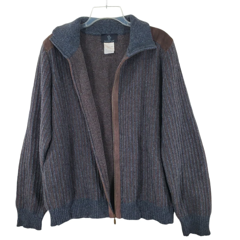 Vtg Moncler Sweater Men L Brown Gray Wool Blend Full Zip Suede Detail. Italy - Picture 6 of 12